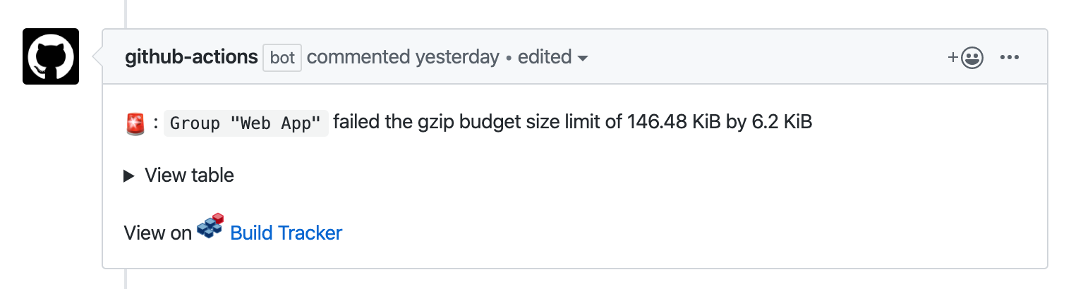 GitHub Action comment on a pull request showing a failing Build Tracker budget